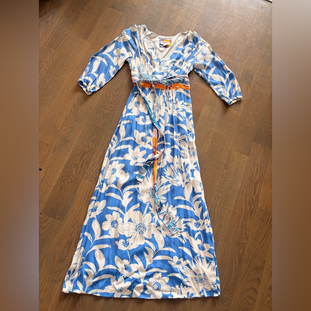 Floral Blue and Orange Long Maxi Dress - Maeve by Anthropologie